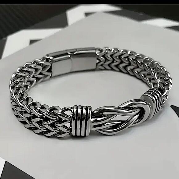 Stainless Steel Chain Link Bracelet, Mantra, Curb Hand Woven Engraved - Picture 2 of 5